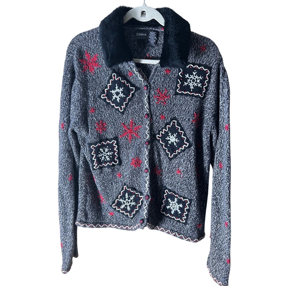 Erika Sweater Cardigan Gray Red Snowflake Knit Faux Fur Collar Holiday Winter L